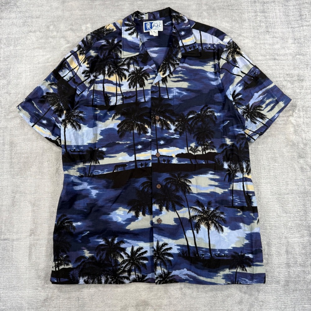 RJC Hawaiian Shirt Mens XL Blue Vtg Tropical Palm Tree Sunset Camp Button Down